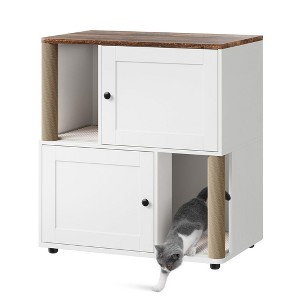 Double Cat Litter Box Enclosure with Hidden Compartments, Wooden Farmhouse Cabinet with Dual Scrape Mats and Scratching Posts - 1 of 4