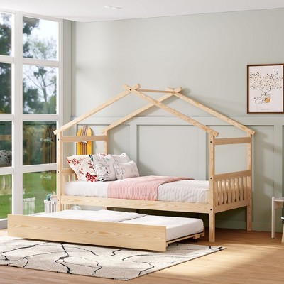 NicBex Twin Size Loft Bed Roof Shape Pine Bed Frame with Twin Trundle and Headboards for Bedroom, No Box Spring Required