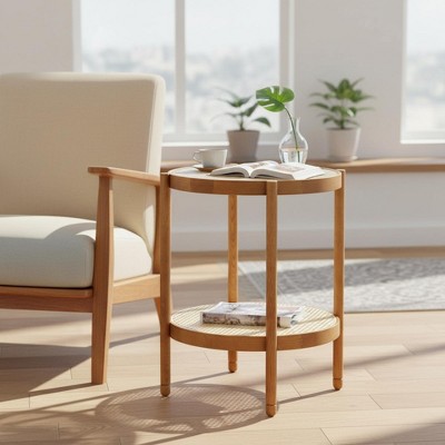 Homy Casa Round Wooden Side Table with Glass Top, Brown