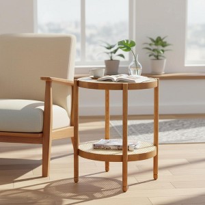 Homy Casa Round Wooden Side Table with Glass Top, Brown - 1 of 4