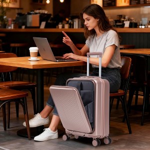 14"/20" 2 Pcs/Set ABS Spinner Wheel Luggage, Front Opening, Combination Lock, Cosmetic Case, Black -- Frevyn - 1 of 4