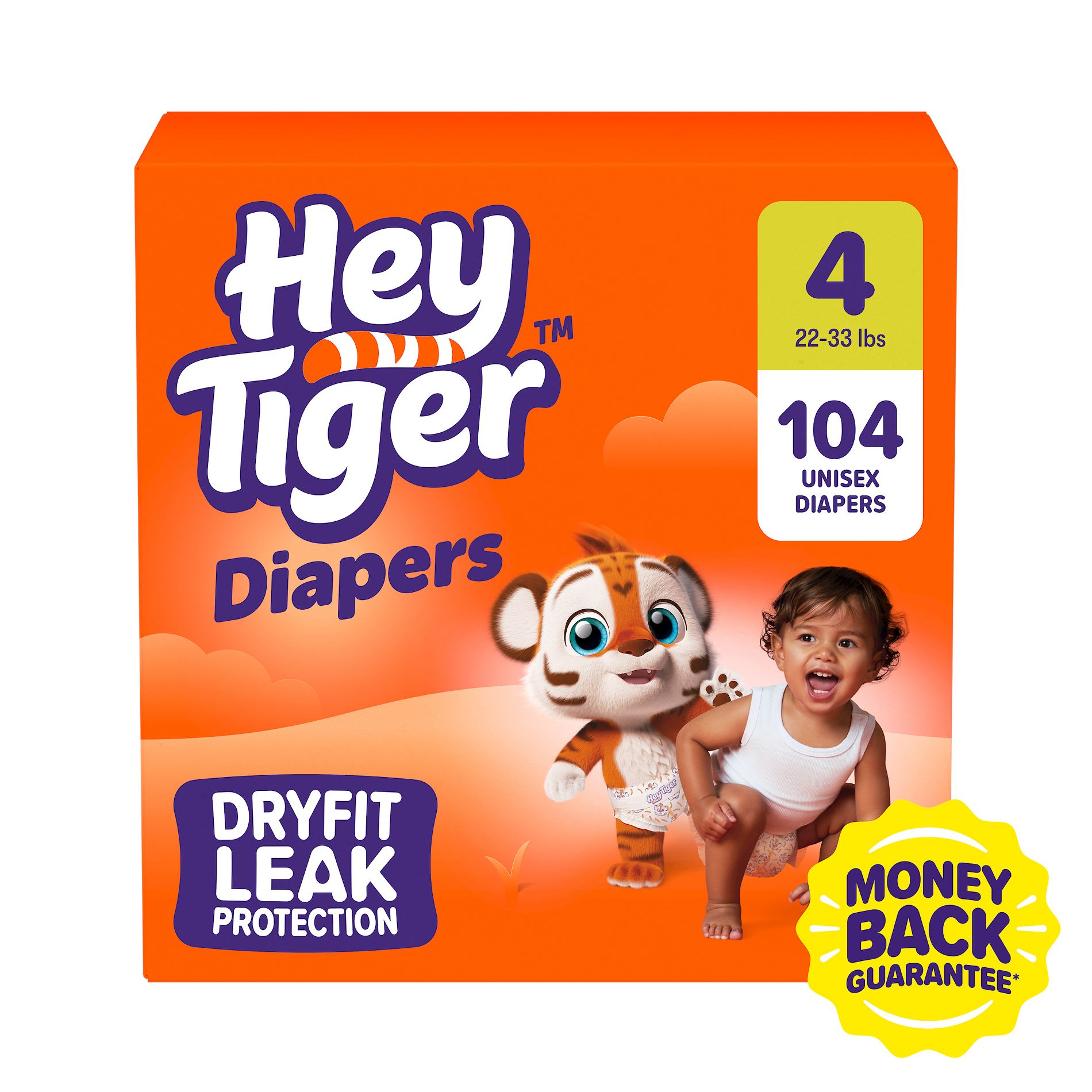 Hey Tiger Disposable Diapers - Size 4 - 104ct: Diaper Weight 22-33 lbs, Wood Fluff Pulp Material