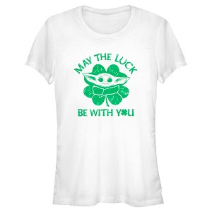 Juniors Womens Star Wars: The Mandalorian St. Patrick's Day Grogu May the Luck be with You Retro T-Shirt - 1 of 4