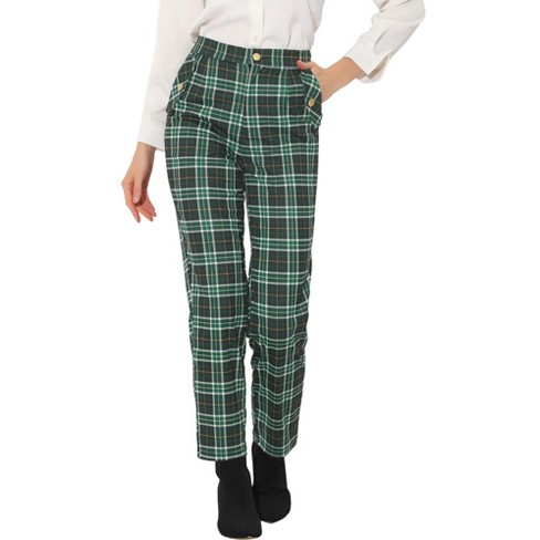 Allegra K Women's Vintage Tartan Plaid Elastic Waist Straight Long Trousers  Green White Medium : Target