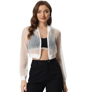 INSPIRE CHIC Women's Long Sleeve Stand Collar Crop Sheer Mesh Bomber Jacket - 1 of 4