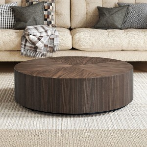 35.43" Round MDF Coffee Table with Drum Pedestal Base, Modern Wood Veneer Top, Compact Living Room Center Table, No Assembly Required - 1 of 4