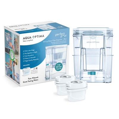 Perfect Pour XL 35-Cup Water Filter Dispenser, Reduces Microplastics, BPA Free, WQA Certified, Includes 2 Evolve+ Filters, Blue