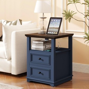 Dyonery 18" Blue Nightstand with Chargers Rustic Wooden High Nightstand with 2 Drawers for Bedroom, Living Room and Closet - 1 of 4