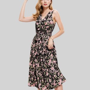 Anna-Kaci Women's Floral Print Midi Dress with V-Neck and Tie Waist - 1 of 4