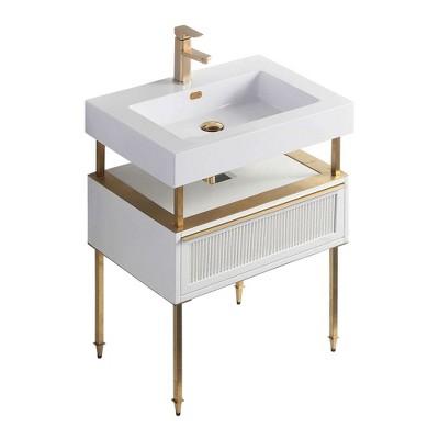 30" Matte White Bathroom Vanity with Satin Brass Hardware