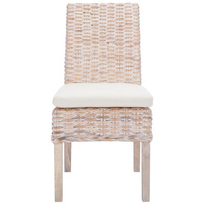 White Upholstered Rattan Side Chair with Natural Wood Legs