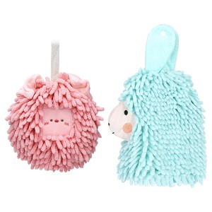 REGALWOVEN Absorbent Soft Chenille Cartoon Alpaca Fuzzy Ball Bathroom Hanging Hand Towels 7" x 7"/7" x 11" 2 Pcs - 1 of 4