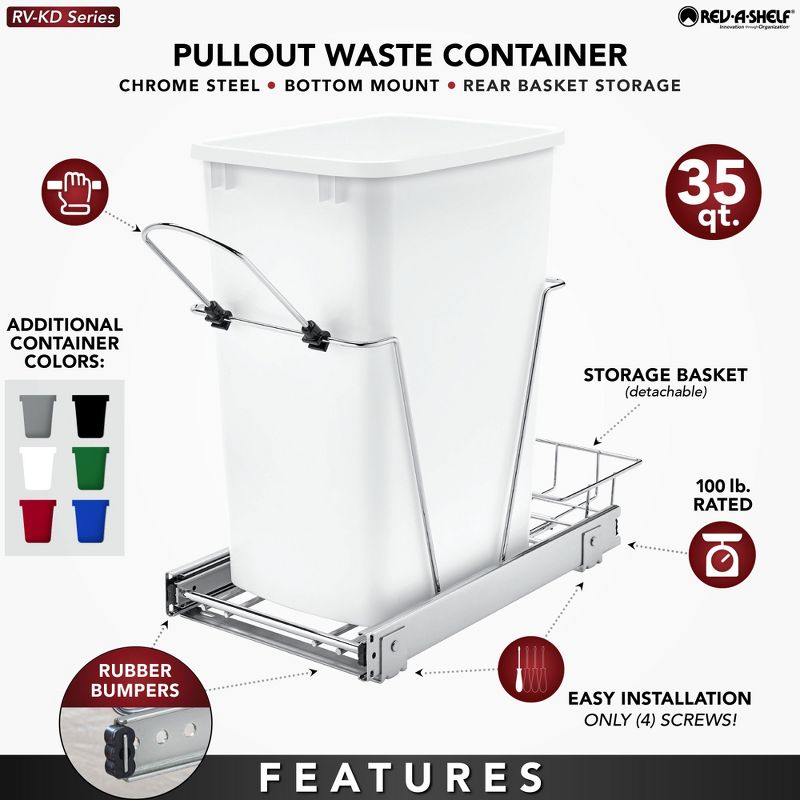 Rev-A-Shelf RV-12KD Series 35-Quart Kitchen Cabinet Pull-Out Waste Container with Rear Storage and Chrome-Plated Wire Bottom Mount, 4 of 10