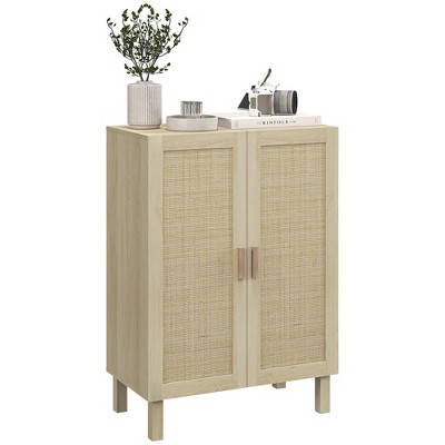 HOMCOM Buffet Cabinet, Storage Cabinet, Sideboard Floor Accent Cabinet with Rattan Doors and Adjustable Shelves for Living Room, Natural
