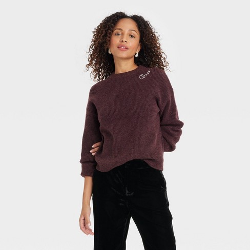 Burgundy crew neck sweater women's outlet