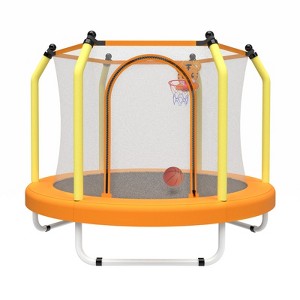 SEVOBAL 55" Trampoline for Kids with Enclosure Indoor Outdoor Small Toddler Trampoline with Basketball Hoop for Boys Girls, Yellow, 55"*55"*44" - 1 of 4