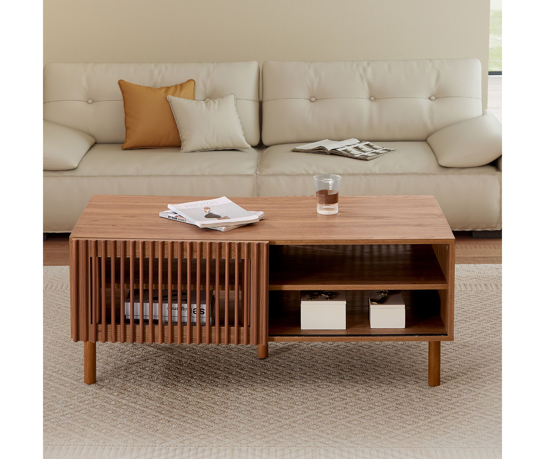 Bestier Modern Coffee Table with Storage, 44" Center Table with Fluted Sliding Doors and Dual Side Storage Shelves, Solid Wood Legs for Living Room