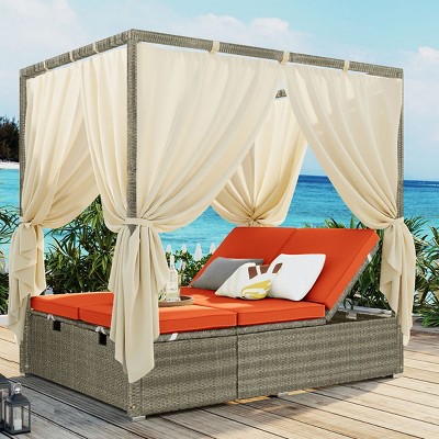 Adjustable Outdoor Sun Bed with Canopy, PE Rattan Frame, Comfortable Cushions, Freely Reclining, Weather-Resistant-Coolbibila