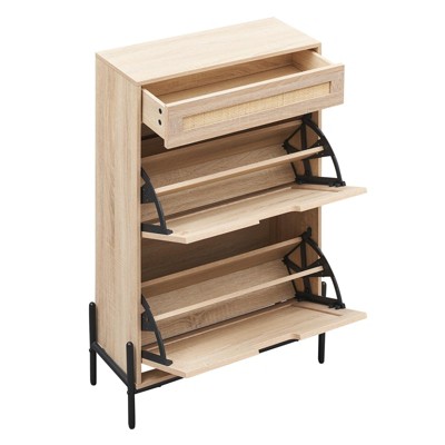Natural Rattan Shoe Cabinet, 2 Flip Door Shoe Rack with a Drawer, Modern Freestanding Shoe Organizer with 3 Position Adjusted and Removable Shelf
