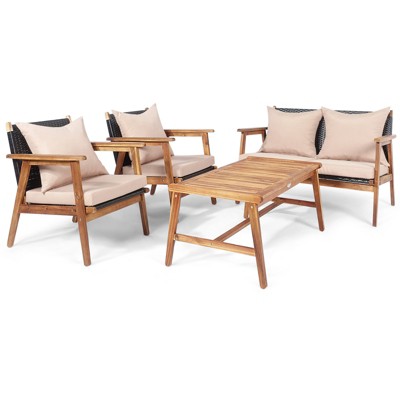 Tangkula 4PCS Patio Rattan Furniture Set Wood Frame Cushioned Sofa with Coffee Table Sectional Conversation Sofa Set for Garden