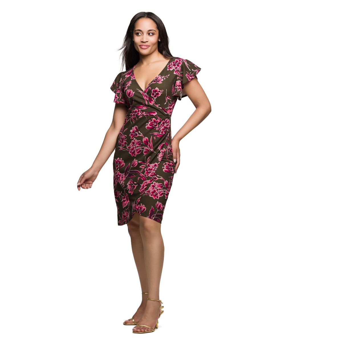 24seven Comfort Apparel Brown and Pink Floral Flutter Sleeve Wrap Dress - thumbnail 2