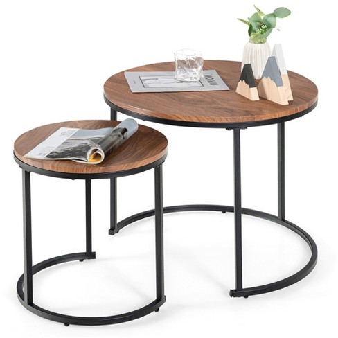 Costway Nesting Coffee Table Set Of 2 For Balcony Living Room Modern Round Side Tables Rustic Brown brown gold Target