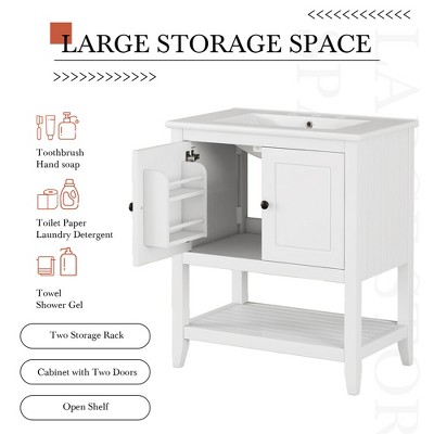 White 30" Modern Bathroom Vanity with Ceramic Sink and Solid Wood Frame