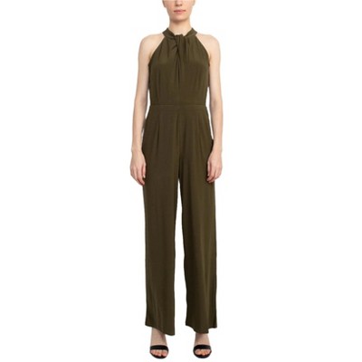 EG PRO Women Jersey Jumpsuit Crossed Neck Sleeveless Keyhole Back Solid Dark Olive L