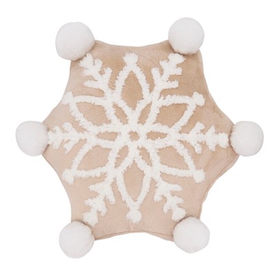 Saro Lifestyle Frosty Flurry Snowflake Poly Filled Throw Pillow with Pompoms, 16"x18", Beige