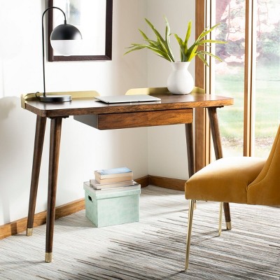 Walnut and Gold Transitional Home Office Desk with Drawer
