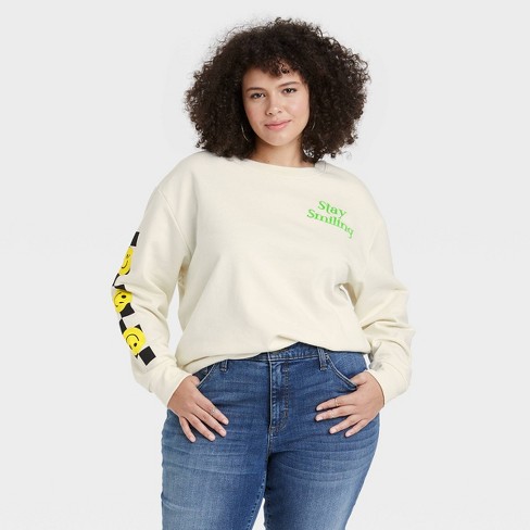 Women's Plus Size Neon Smiley Graphic Sweatshirt - Ivory 3X