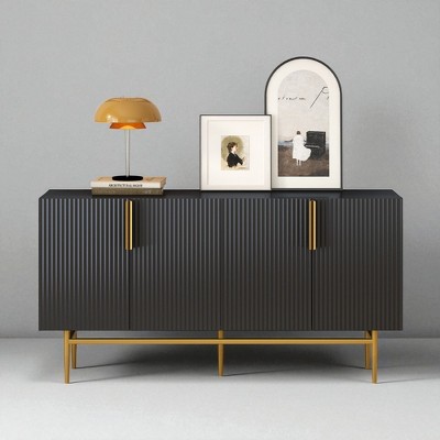 Modern 4-Door Sideboard Buffet Cabinet with Wavy Stripe Doors, Adjustable Shelves and Gold Metal Handles for Dining Room, Living Room