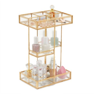 Glamlily 360 Degree Rotating Glass Makeup Organizer with Gold Trim