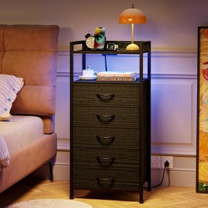 Furnulem Tall Nightstand with Charging Station and Drawers, Bedside Table with 4/5 Fabric Drawers, LED Lights and 2 Storage Shelves - 1 of 4