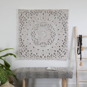 Wood Floral Intricately Carved Wall Decor with Mandala Design Brown - Olivia & May: Bohemian Style, 48x47.5" - 1 of 4