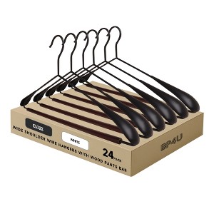 BP4U Heavy Duty Metal Wide Shoulder Hangers with Beech Wood Pants Bar, Welded Suit Hangers with Ergonomic Shape-Preserving Design  - Black/White - 1 of 4