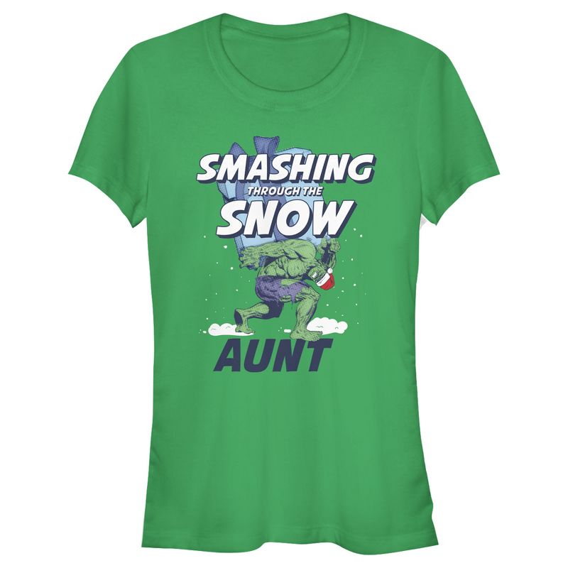 Juniors Womens Marvel Christmas Hulk Aunt Snow T-Shirt, 1 of 4