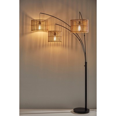 Bohemian Bronze 3-Light Arc Floor Lamp with Rattan Shades