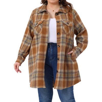 Agnes Orinda Women's Plus Size Flannel Plaid Lapel Long Sleeve Button Down Casual Shacket Shirts with Pocket