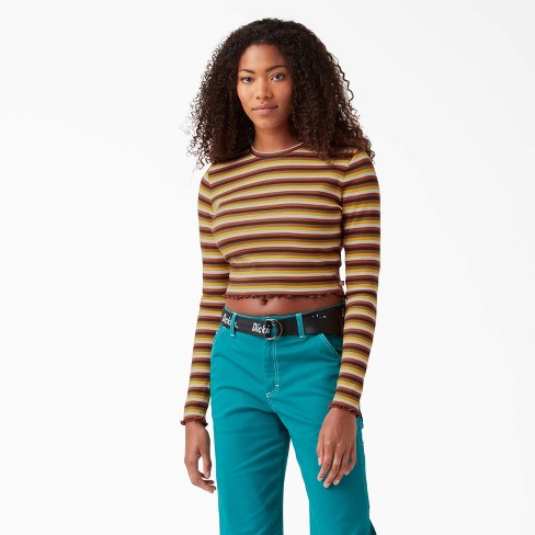 Dickies Women's Striped Long Sleeve Cropped T-Shirt, Ginger Honey Baby  Stripe (GSN),