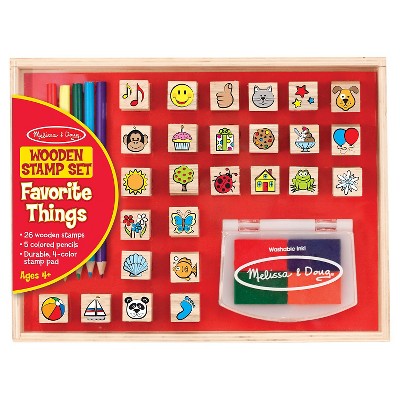 Melissa & Doug Wooden Stamp Set, Favorite Things - 26 Wooden Stamps, 4-Color Stamp Pad