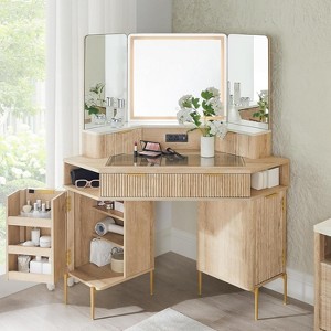 SinCiDo Corner Vanity Desk w/HD Mirror & Lights, Modern Fluted Makeup Dressing Table w/Glass Top, Charging Port, 3 Drawers & 2 Cabinets - 1 of 4