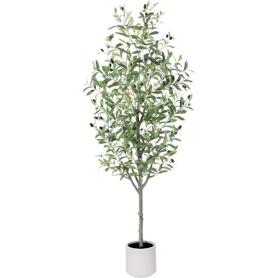 MaseiKar Olive Tree Artificial Indoor, 5ft Tall Silk Faux Olive Tree with White Planter, Artificial Plants with Natural Wood Trunk and Lifelike Fruits