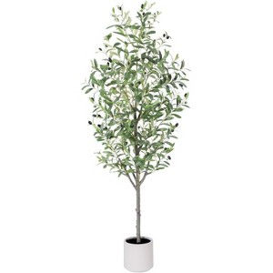 MaseiKar Olive Tree Artificial Indoor, 5ft Tall Silk Faux Olive Tree with White Planter, Artificial Plants with Natural Wood Trunk and Lifelike Fruits - 1 of 4