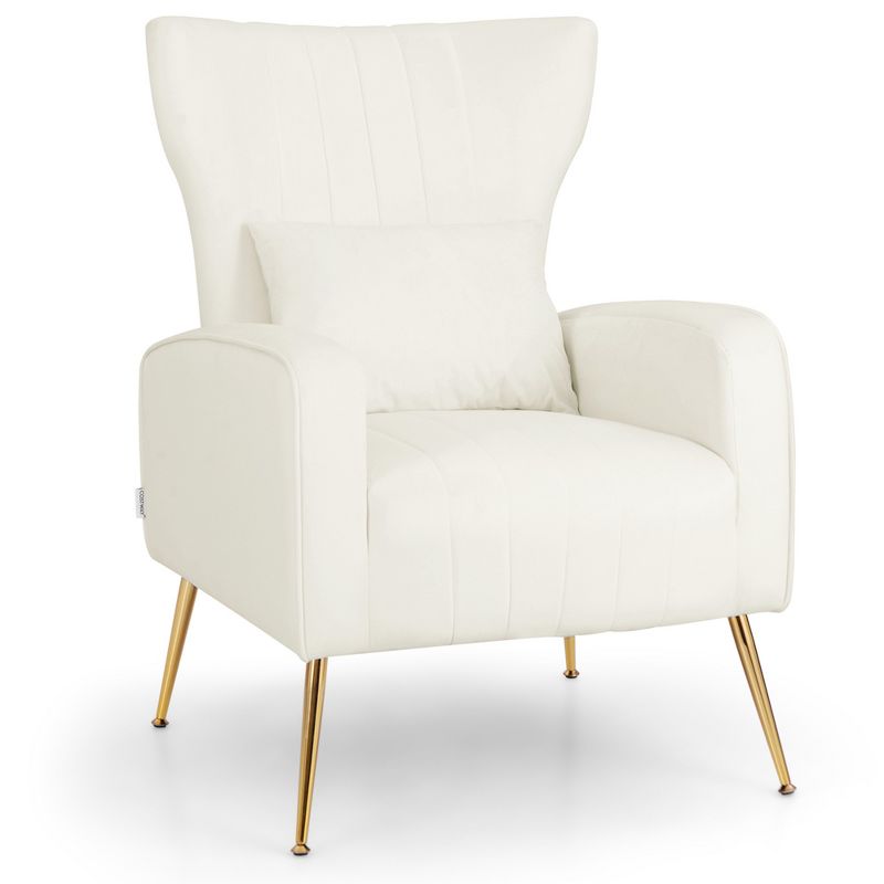 Costway Velvet Upholstered Wingback Chair with Lumbar Pillow & Golden Metal Legs Grey/Pink/Turquoise/White, 1 of 9