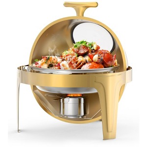 6.3 Qt Round Chafing Dish for Buffet, Stainless Steel Food Warmer Chafer with Glass Window Full Size Food Pan for Catering Parties Banquets, Gold - 1 of 4