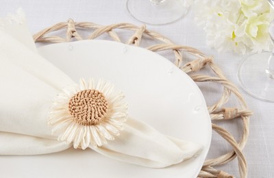 Ivory and Beige Woven Flower Napkin Rings Set of 4