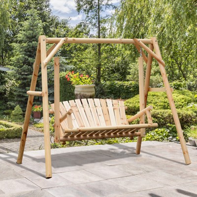 Natural Wood 2-Seat Outdoor Swing with A-Frame Stand
