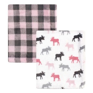 Hudson Baby Infant Girl Cozy Plush Luxury Blankets 2pk, Pink Moose, One Size - 1 of 3