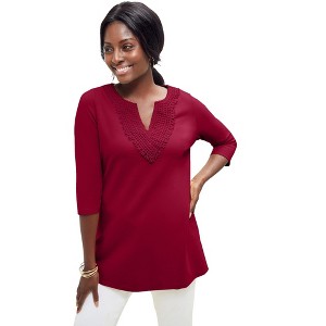 Jessica London Women's Plus Size Stretch Cotton Crochet Notch Neck Tunic - 1 of 4